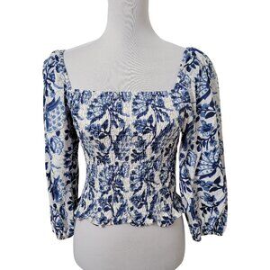 Vera Moda Size XS Blue White Floral Smocked Bodice Puff Sleeve Blouse
